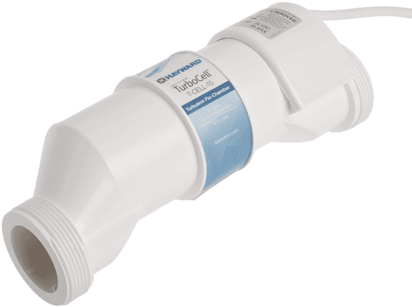 Hayward W3T-CELL-15 TurboCell Salt Chlorination Cell for in-ground swimming pools up to 40,000 gallons with label, connected cables, and threaded fittings on either end, isolated on a white background.